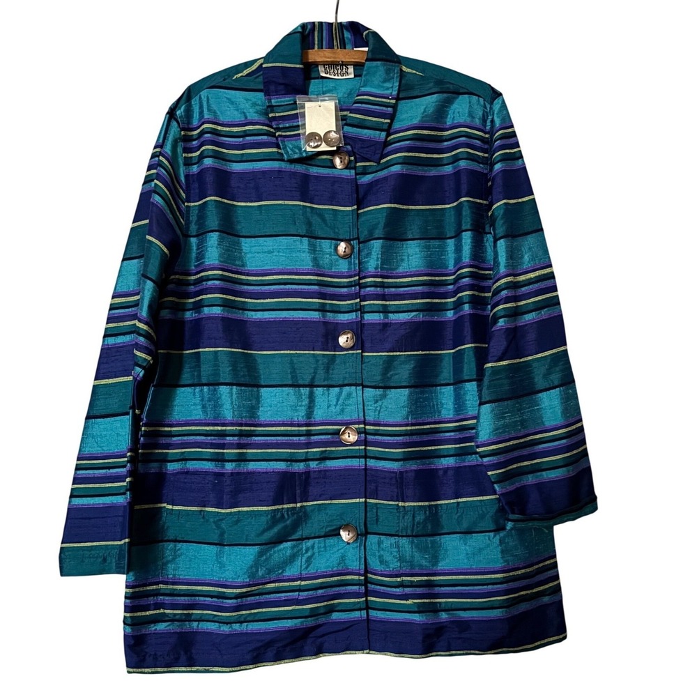 Chicos L Vintage Dead Stock Design Baltic Thai Silk Jacket Striped‎ Button Front